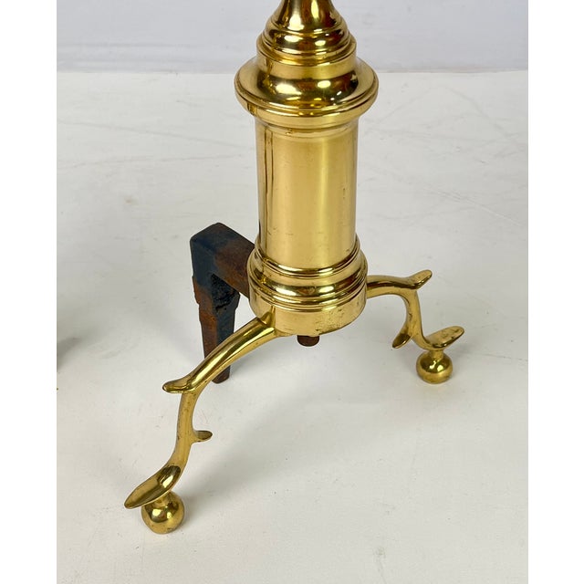 Vintage Tall Polished Brass & Cast Iron Ball Top Andirons - Pair For Sale - Image 10 of 14