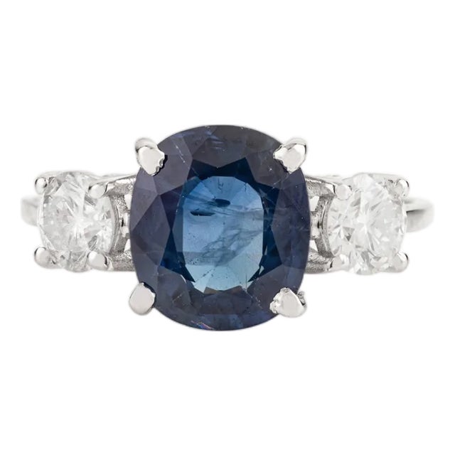18k Gold Three Stone Oval Sapphire Diamond Vintage Ring Size 7 For Sale