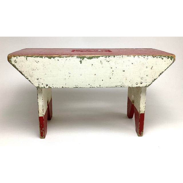 American Antique Primitive Painted Small Wooden Step Stool Footstool Red and White Paint For Sale - Image 3 of 6