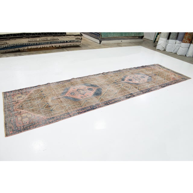 Tribal 4 X 15 Vintage Distressed Persian Wool Runner in Brown With Tribal Motif For Sale - Image 3 of 8