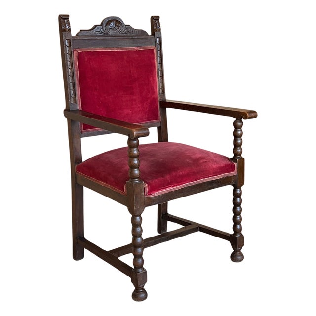 19th Century Spanish Colonial Altar Carved Armchair with Red Velve Seat and Back For Sale