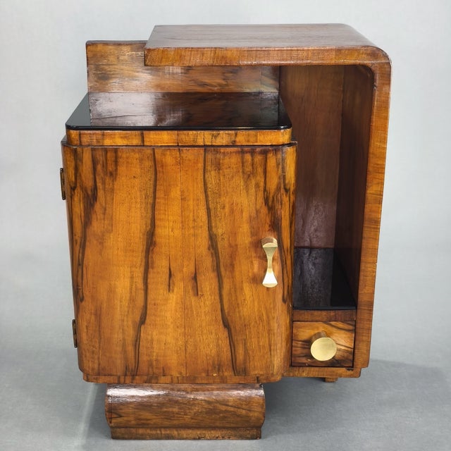 Art Deco Walnut Bedside Tables with Black Glass Tops, 1940s, Set of 2 For Sale - Image 6 of 7