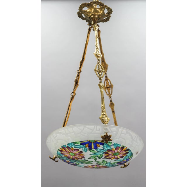 Art Deco Pendant Light in Polychrome Enameled Glass from Loys Lucha, 1930s For Sale - Image 4 of 11