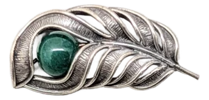Vintage 1960s Signed Napier Sterling Silver Faux-Jade Feather Brooch