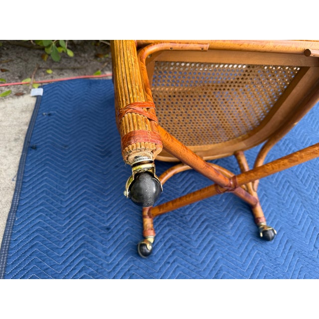 Vintage Burnt Bamboo Rattan & Cane Lounge Chairs on Casters, a Pair For Sale - Image 12 of 13