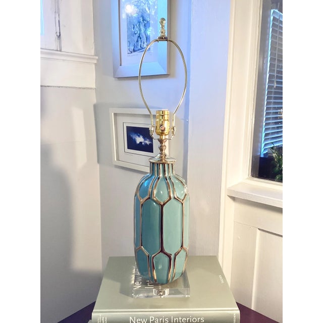 Ceramic Hollywood Regency Ceramic Lamp: Gold & Blue, Lucite Base, C. Damien Fox Design For Sale - Image 7 of 8