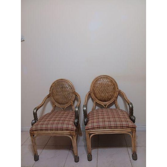 Vintage Bamboo Rattan Dining Armchair Metal Accents Set of 4 For Sale - Image 13 of 14