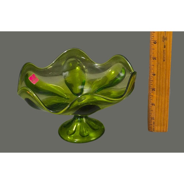 Glass Vintage Mid-Century Modern Viking Glass Avocado Green Ruffled Edge Pedestal Compote Bowl For Sale - Image 7 of 8