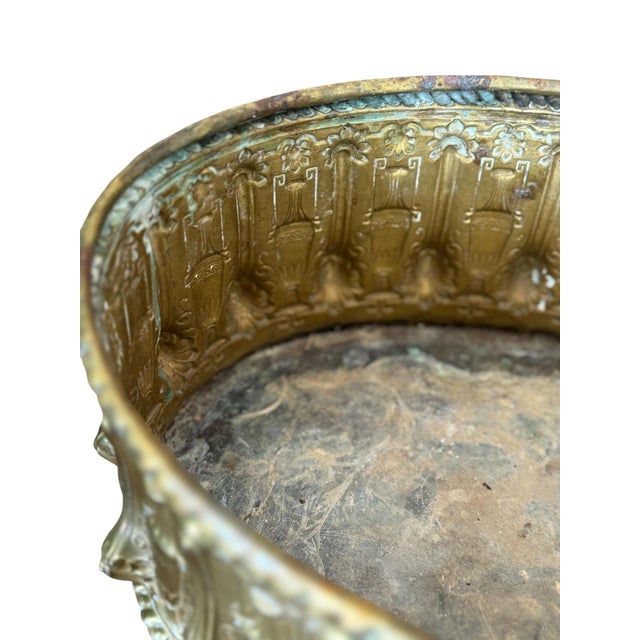 Metal Antique French Repousse' Brass Jardiniere Planter 19th Century With Liner For Sale - Image 7 of 11