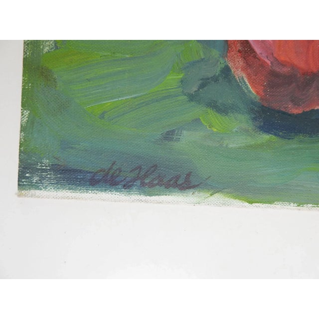 Vintage mid century oil on canvas board floral still life painting. Orange and white flowers in teapot, by Eleanore de...