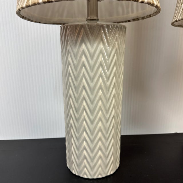 Celadon Zig Zag Ceramic Table Lamps With Funky Shades, Pair For Sale In San Francisco - Image 6 of 12