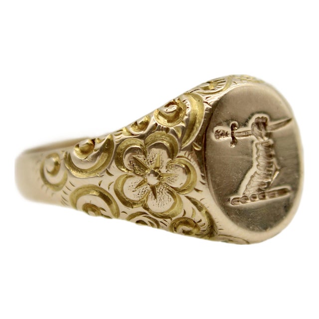 Late 19th Century 14k Gold Victorian Signet Ring With Arm Holding Sword Intaglio, Size 7 For Sale