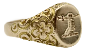 Late 19th Century 14k Gold Victorian Signet Ring With Arm Holding Sword Intaglio, Size 7