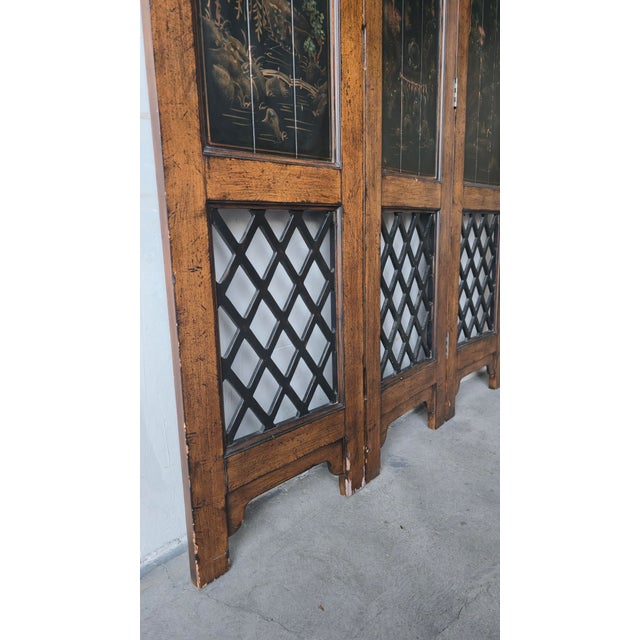 Wood Vintage Hand Painted Chinoiserie Style 3 Panel Divider Screen For Sale - Image 7 of 7