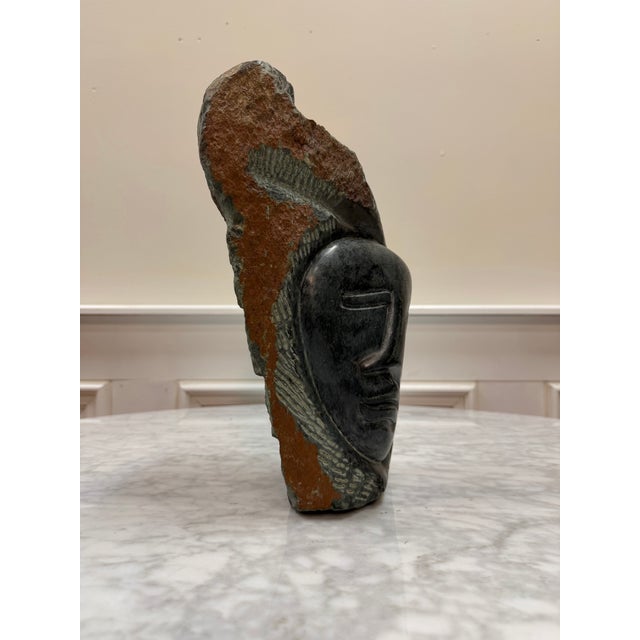 Mid-Century Modern Late 20th Century Signed "T M" Modernist Shona Serpentine Stone Face Sculpture For Sale - Image 3 of 8