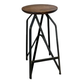 Industrial Wooden Stool with Metal Base For Sale