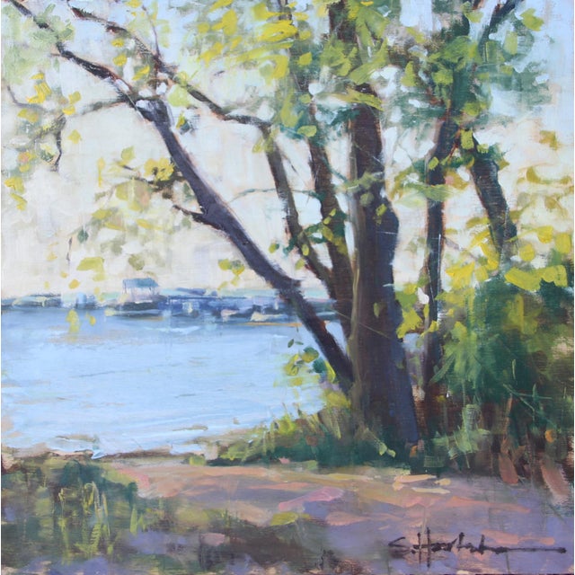 An Evening Like This by Stephanie Hartshorn | Oil Painting of a lakeside scene with trees For Sale