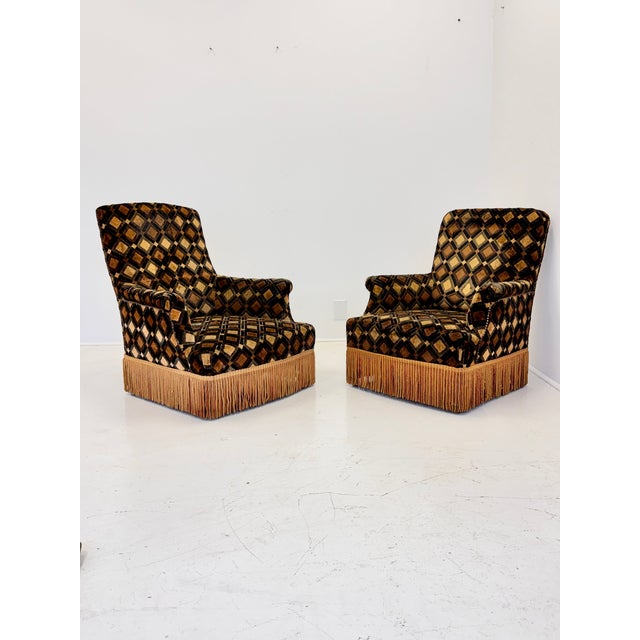 Textile Pair of French Art Deco His & Hers Armchairs in Geometric Velvet, Circa 1930s For Sale - Image 7 of 17