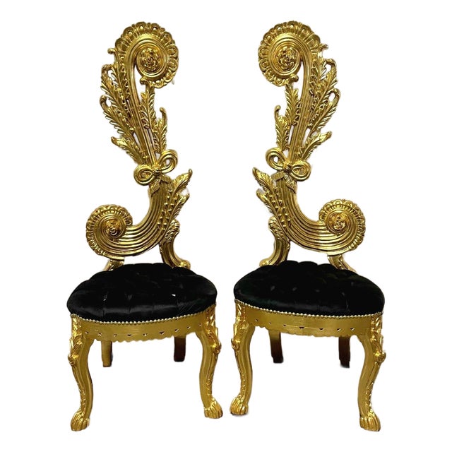 1990s Italian Baroque Chair – High Back Black & Gold Leaf Details For Sale