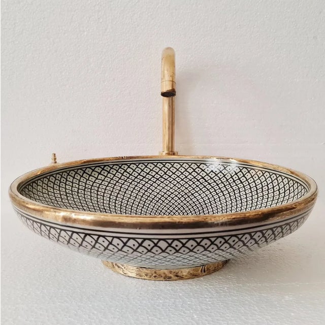 2020s Contemporary Linda Hand Painted Round Pottery Sink Bowl With Brass Accents For Sale - Image 5 of 6