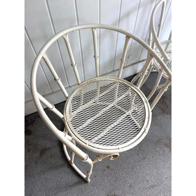1950s-60s cream metal faux-bamboo barrel patio/outdoor chairs; set of two. Excellent condition.