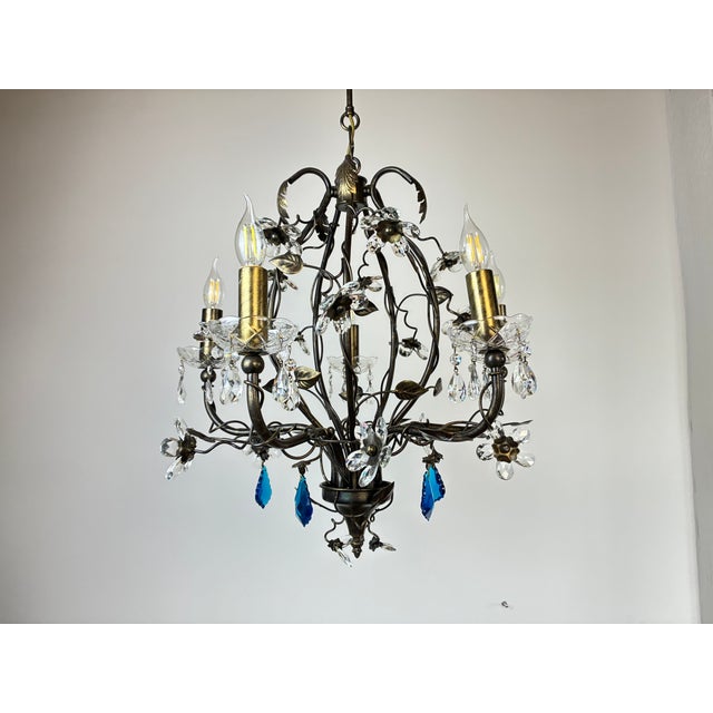 Large Vintage 1990s Wrought Iron Floral Chandelier With Crystal Flowers & Aqua Blue Stones Details For Sale - Image 10 of 17