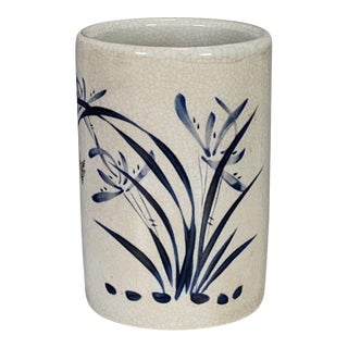 Blue & White Crackle Glaze Porcelain Brush Pot With Orchid Motif For Sale