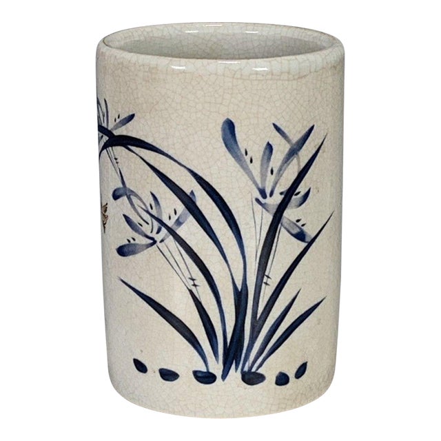 Blue & White Crackle Glaze Porcelain Brush Pot With Orchid Motif For Sale