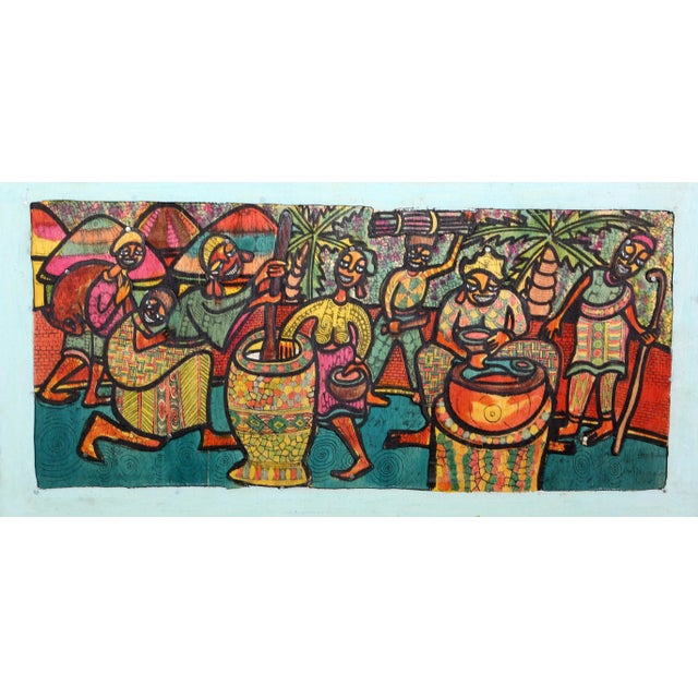 African Extended Family Compound, Dayo Niran Ink and Paint on Plywood, Signed L.r. For Sale - Image 4 of 4