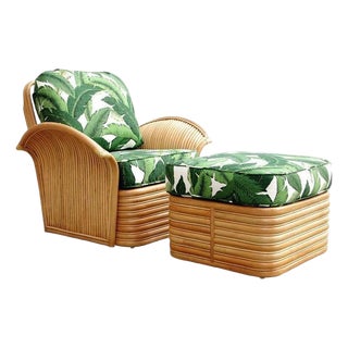 1980s Restored Rattan Fan Arm Lounge Chair With Ottoman Set For Sale