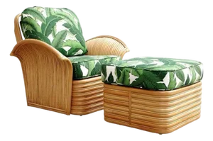 1980s Restored Rattan Fan Arm Lounge Chair With Ottoman Set
