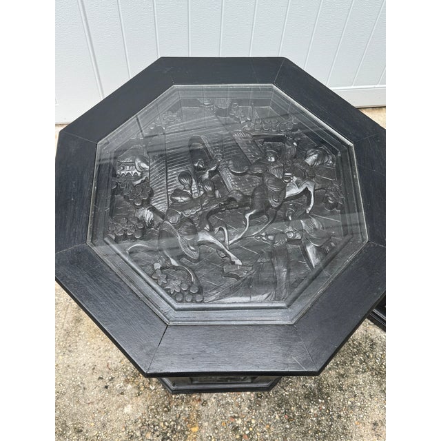 Mid 20th Century Mid-Century Chinese Carved Figural Wood Octagon Side Tables - A Pair For Sale - Image 5 of 12