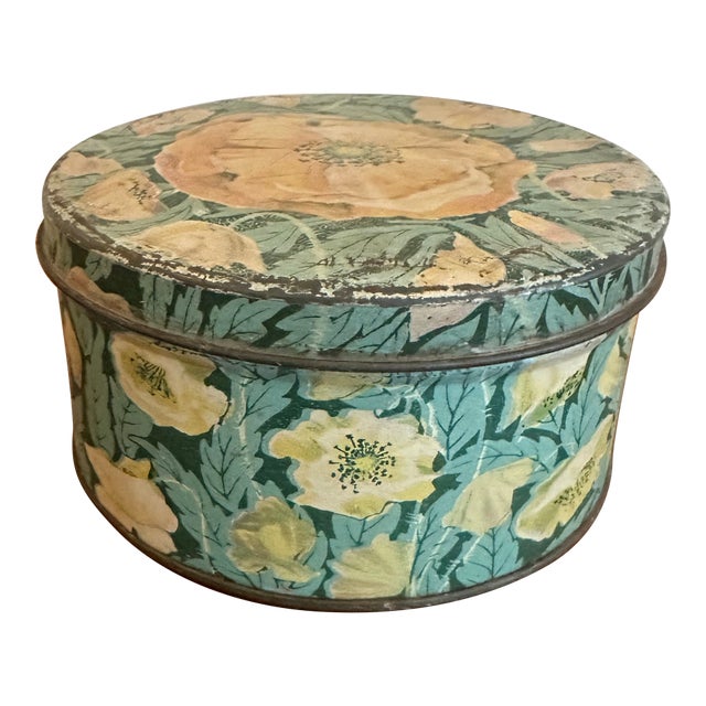 Antique Floral Tole Tin Box Hand-Painted Style Cottage Storage For Sale