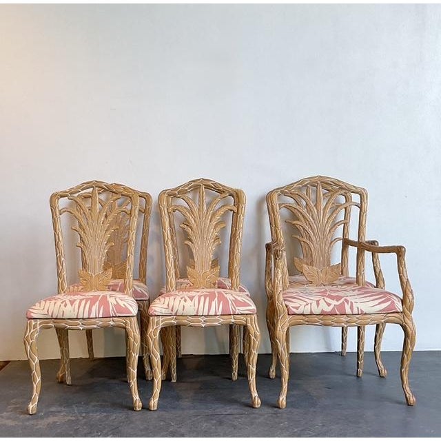 Tan Vintage Carved Faux Bois Dining Chairs in Quadrille Palm Print For Sale - Image 8 of 12