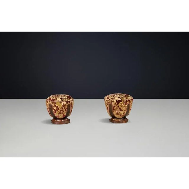 Vintage Italian Art Deco Walnut and Velvet Poufs, 1930s, Set of 4 For Sale - Image 17 of 18