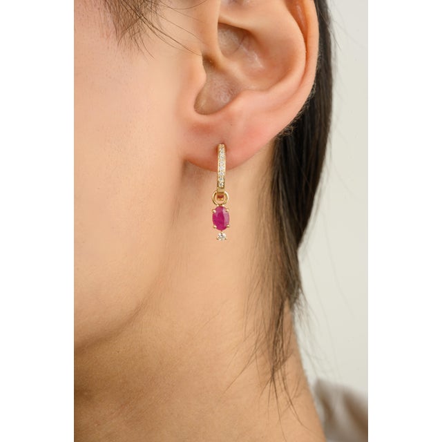 Minimalism Dangling Ruby & Diamond Studded Classic Drop Earrings - a Pair - 2 Pieces For Sale - Image 3 of 10