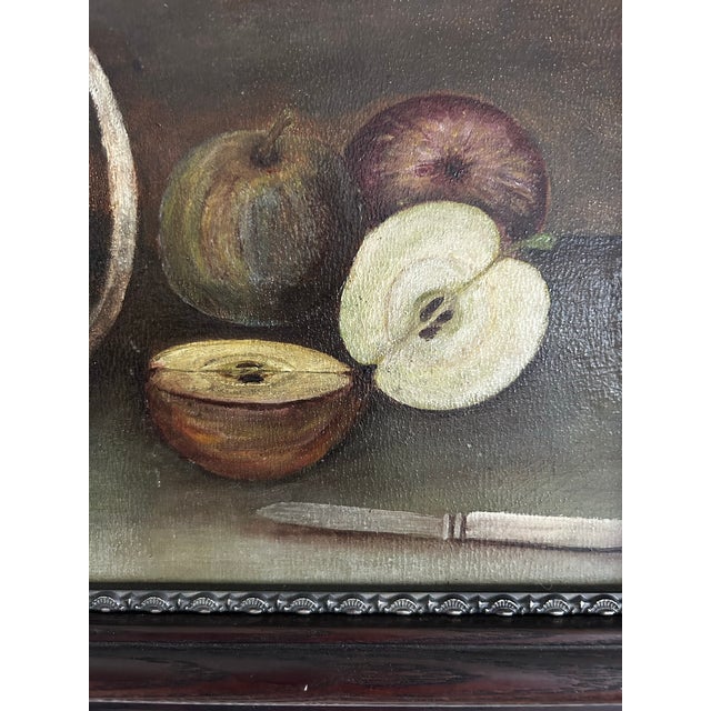 1920s Antique Framed Oil Painting Still Life of Apples and Plums in Basket For Sale - Image 5 of 6