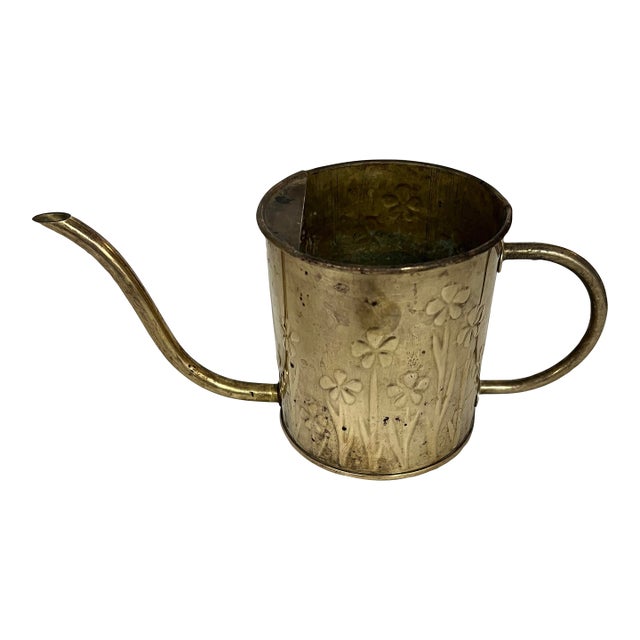 Vintage Decorative Brass Watering Can With Embossed Flower Pattern For Sale