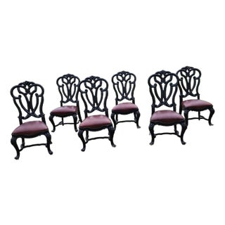 Six Black Dining Chairs in Brown Leather For Sale