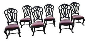 Six Black Dining Chairs in Brown Leather