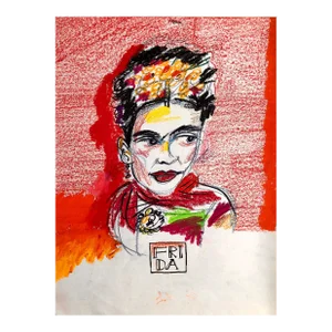 Ephraim Wuensch, Original Drawing in Colorful Pastel Crayons Frida Kahlo, Mexican Feminist Artist