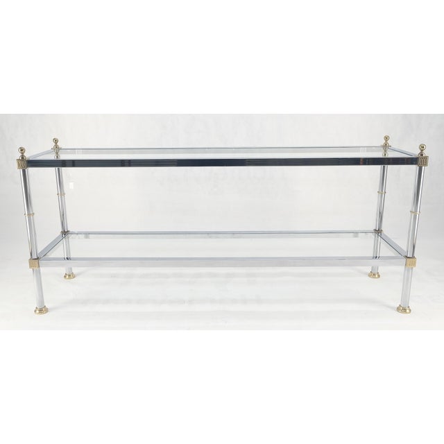 Two Tier Italian Glass Shelve Chrome 7 Brass 60" Console Sofa Table Finials MINT For Sale - Image 6 of 12