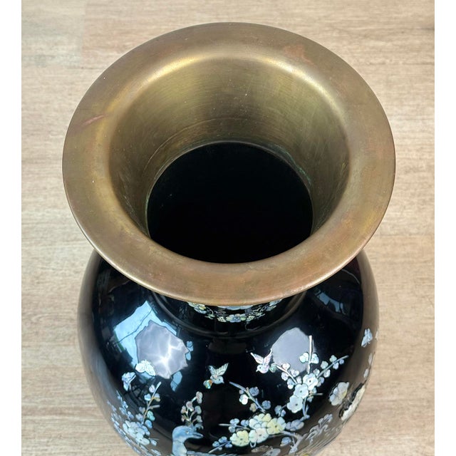 Black Vintage 28" Chinese Black Enamel Mother of Pearl Peacock Floor Vase For Sale - Image 8 of 9