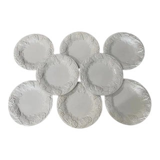 Bordallo Pinheiro White Embossed Grapes & Vines Leaves Plates - Set of 8 For Sale