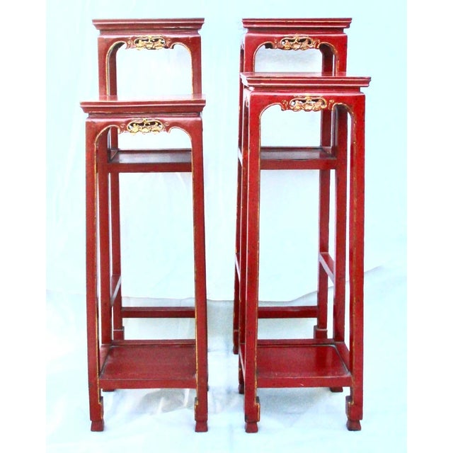 Wood Chinese Red Lacquer Tall Plant Tables - A Pair of 2 For Sale - Image 7 of 17