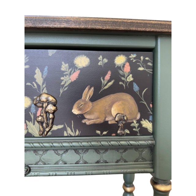 Green Hand-Painted Woodland Console Table With Rabbit & Forest Motif — One-of-a-Kind Art Furniture Entryway Accent For Sale - Image 8 of 15