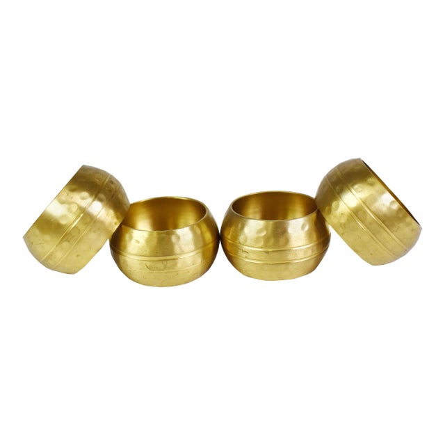 Hammered Round Gold Brass Napkin Rings - Set of 4 For Sale