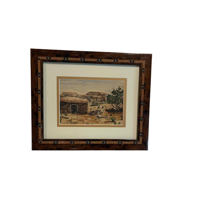 Cabin Mid-Century Style Rustic Cabin Original Watercolor With Inlaid Burl Frame For Sale - Image 3 of 5