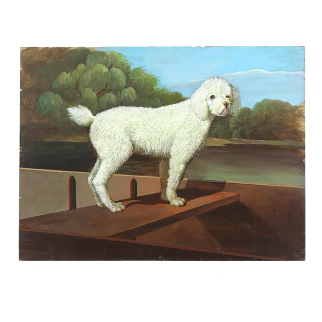 Vintage Oil Painting on Wood Panel – White Poodle in a Punt River Landscape For Sale