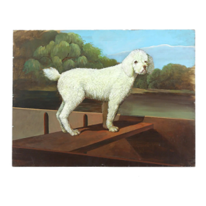 Vintage Oil Painting on Wood Panel – White Poodle in a Punt River Landscape